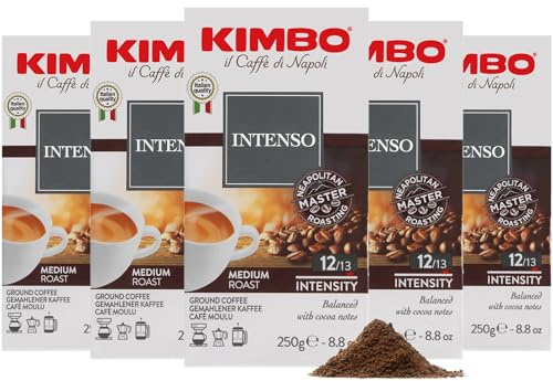 Kimbo Coffee Intenso Ground Coffee, Medium Roast, 5 x 250g | Italian Coffee, Roasted in Naples, Intensity 12/13, Arabica Grind, For Coffee Machines, Moka Pots & Cafetieres, Multipack
