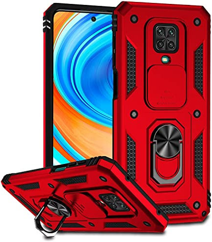 ESONG Funda para Xiaomi Redmi Note 9S/9 Pro/9 Pro MAX Armor Carcasa Protectora de Grado Militar,Cubierta de Cámara Deslizante/360° Giratorio Anilla,paraSoporte de Montaje Magnético del Coche-Rojo