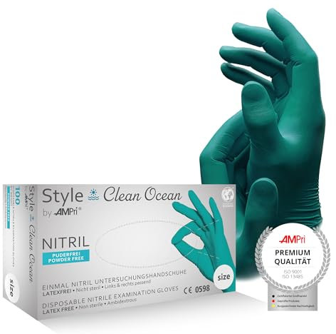 AMPri Nitrilhandschuhe, türkis, 100 Stück/Box, Größe M, puderfrei, Style CLEAN OCEAN by Med-Comfort: Nitril Einmalhandschuhe, Einweghandschuhe in den Größen XS, S, M, L, XL