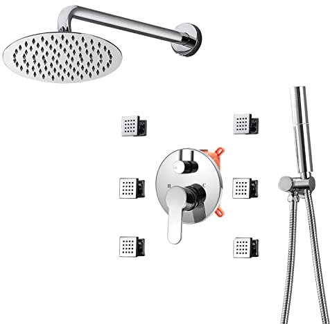CAZARU Duschsystem Chrom 10 Zoll Regenduschkopf Hochdruck mit 2 in 1 Handbrause und 6 Körpersprays Massageduschkopf Duscharmatur Set Wand- oder Deckenmontage St