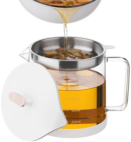 Navaris Recipiente para Aceite Usado de Cocina - Bote Aceitera de 1 L de Cristal Borosilicato con Filtro Colador de Acero Inoxidable y Base Antideslizante - Resistente al Calor