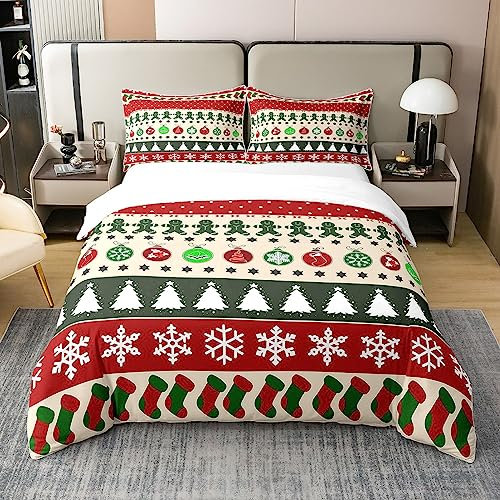 100% Natürliche Baumwolle Weihnachten Bettwäsche Set 220x240,Weihnachtsbaum Schneeflocke Bettbezug,Schneeflocke Neujahr Geschenk Tröster Abdeckung,Mikrofaser Bunte Quilt Cover Schlafzimmer Dekor