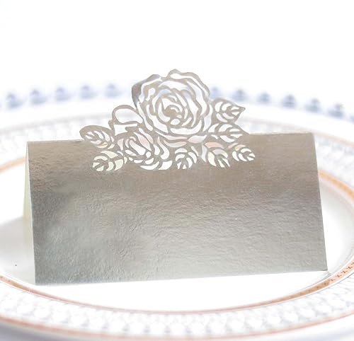 Tischkarten,Platzkarten 50 stück Blanko Namenskärtchen 3D Rose Blumen Muster Namensschilder Namenskarten Hohle Sitznummernkarten für Hochzeiten, Party Dekoration Bankette Taufe Engagierte-Silber