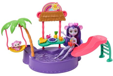 Enchantimals Coffret Piscine En Forme De Singe Avec Poupée De 15,3 Cm, Figurine Animal, Toboggan, Balançoire, +12 Pièces De Jeu, Jouet Enfant, A Partir De 4 Ans, HTW73