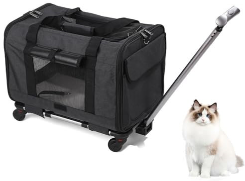 Transporttasche mit Rollen für Katze und Hunde, Tragetasche mit Teleskopgriff und Abnehmbaren Rädern, Faltbare Haustiertrage Transportbox mit Trolley für Kleine Mittelgroße Hund und Katzen (Schwarz)