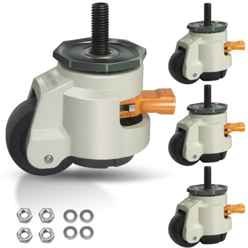 Leveling Stem Casters, M12 Thread Casters Set of 4 Heavy Duty with Leveling feet, 2200 LBS Retractable Caster Wheels with Upgraded Ratchet Arm, Adjustable Height Casters for Workbench, Machine