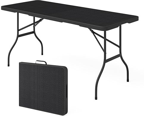 STEELSØN Zennar Klapptisch schwarz – Campingtisch Rattanoptik wetterfest – Buffettisch Kunststoff – Gartentisch für Terrasse und Balkon zusammenklappbar – Partytisch 8 Personen