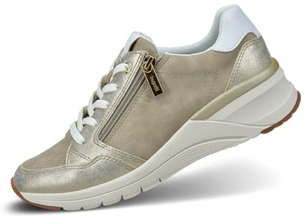 bugatti Damen-Weiße Sneakers mit Blumenakzenten, Logo-Details, cleverer Schnürung für einfache Passform und robusten Gummisohlen, Sand/Metallics, 42 EU