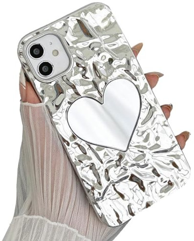 IMEIKONST Compatible with iPhone 11 Pro Max Phone Case, Elegant 3D Plated Heart Mirror Makeup TPU Shell for Girls Women Electroplate Shockproof Protection Cover for iPhone 11 Pro Max. Silver AXJ