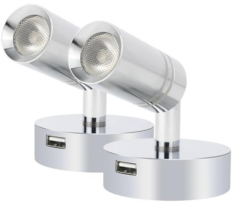 lighteu, 2x 12V 2W E1 USB Decken- / Wandstrahler, Chrome Finish, Nachttischlampe, Leselampe drehen und schwenken mit Touch-Schalter Dimmbar warmes weißes/blaues Licht für Yacht, Caravan, RV