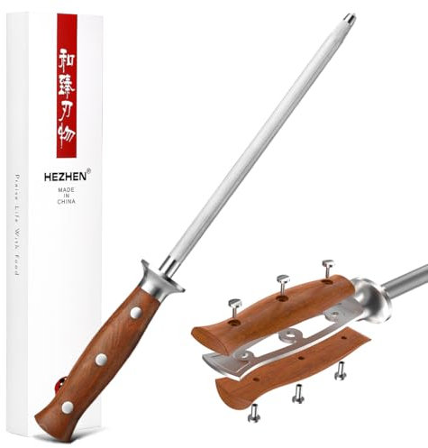 HEZHEN Acciarini Affilacoltelli in Acciaio ad Alto Tenore di Carbonio, Acciaino con Rivestimento Professionale con Manico in Legno,Barra di Affilatura per Coltelli