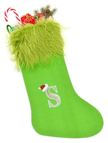 TOPWAYS Weihnachtsstrumpf, 50cm Grinch Weihnachtsstrumpf Gestrickt, Personalisierte Weihnachtsstrümpfe mit Buchstaben, Weihnachtsbaum Kamin Hängende Ornamente Geschenkhalter Weihnachtsdekorationen