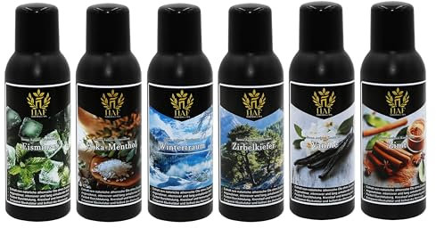 HAF® Saunaaufguss Konzentrat Set Winterwunder | 6 x 250 ml Saunaduft mit Eisminze, Euka Menthol, Vanille, Wintertraum, Zimt, Zirbe | Saunaöl aus 100% natürlichen ätherischen Ölen