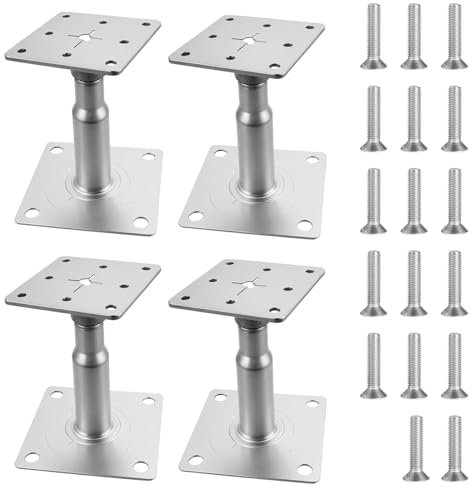 Pack de 4 Supports de Poteaux Réglables en Hauteur, Base de Sol pour Clôtures Abris pour Carrelage Support Aérien pour Poutres de Plancher Surélevé 16 vis, Argent