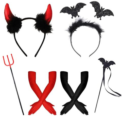 Werownsgso 6 Stück Teufel Kostüm Zubehör Damen, Teufelshörner Haarreif, Teufel Dreizack, Fledermaus Stirnband Schwarz Rot Handschuhe, Teufel Kostüm für Halloween Karneval Cosplay Masquerade
