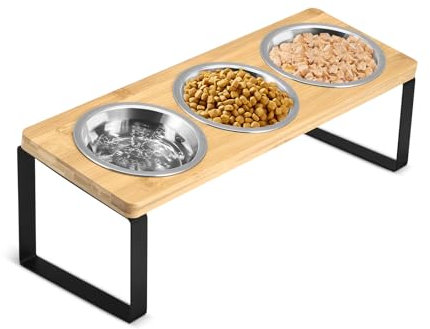 Raised Cat Bowl, Cat Bowls with 15° Tilted Tilted Stand for Cats and Dogs, Tilted Wood Stand with 3 Stainless Steel Bowls and Mat for Pets Cats Puppies Food and Water Feeding (02)