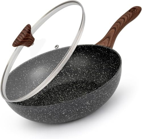 LENAK 28cm / 11inch Non-Stick Wok Pan with Glass Lid & Bakelite – Deep Stir Fry Pan Saute Frying Pan with Induction Base, Gas, Electric All Hobs/Cooking Pan Black Marble Effect