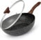 LENAK 28cm / 11inch Non-Stick Wok Pan with Glass Lid & Bakelite – Deep Stir Fry Pan Saute Frying Pan with Induction Base, Gas, Electric All Hobs/Cooking Pan Black Marble Effect