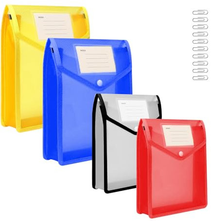 4 Stück Dokumententasche A5+10 Pcs Büroklammern, Dokumentenmappe mit Druckknopf Kunststoff Umschlag Mappe Wasserdicht Transparent Dokumententaschen für Schule Büro Dokument Reise