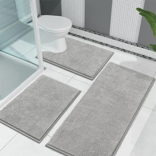 Enyhom Grau Badematten Set 3 Teilig, rutschfest Waschbar Badteppich Set Chenille Duschvorleger für Dusche und Badewannen WC Vorleger mit Ausschnitt (45x65+45x120+U50x60cm)