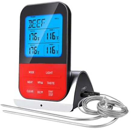 Kabelloses Doppelfühler Thermometer Modell 33 für Küche und Grill, Silber | Edelstahl und Kunststoff, Fernbedienung mit Temperaturanzeige, für Schwein und Pute Beim Kochen