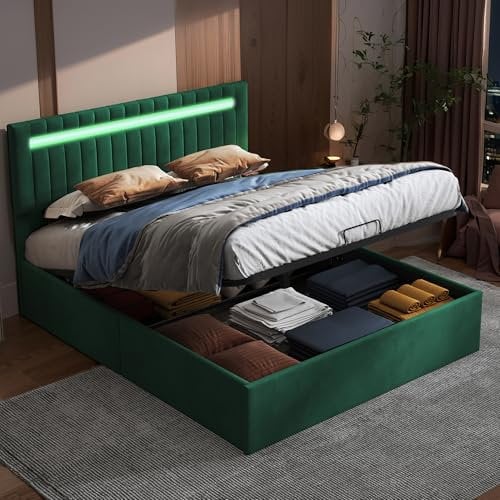 MOTUZP Polsterbett 140x200 cm, Doppelbett mit Stauraum und Lattenrost, Bettrahmen mit LED, Hydraulisch Stauraumbett Funktionsbetten Rückenlehne Bettgestell (Grün, 140 * 200cm)