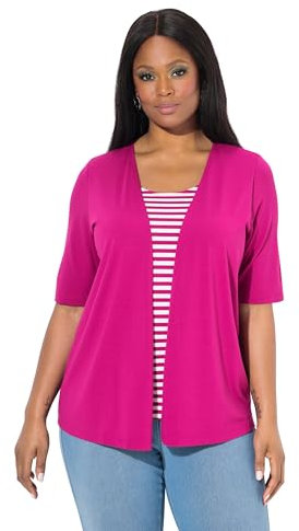 Ulla Popken Damen große Größen Übergrößen Plus Size 2-in-1-Shirt, Shirt mit Jacke, Ringel, Halbarm Magenta 54+ 828992810-54+