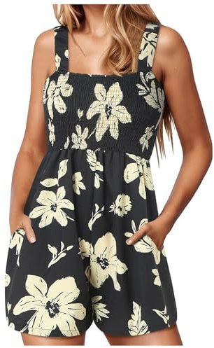 Playsuits for Women Jumpsuits with Pockets Ladies Dungarees Romper, Summer Outfits Short Jumpsuit Women's Floral Sleeveless Shorts Jumpsuit Crewneck Loose (Black-2, M)