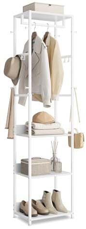 VASAGLE Kleiderständer, mit Kleiderstange und Haken, Stahlrahmen | Garderobe mit Ablagen, für Kleidung, Taschen, Hüte, wolkenweiß, BARNET Kollektion RCR061WC02