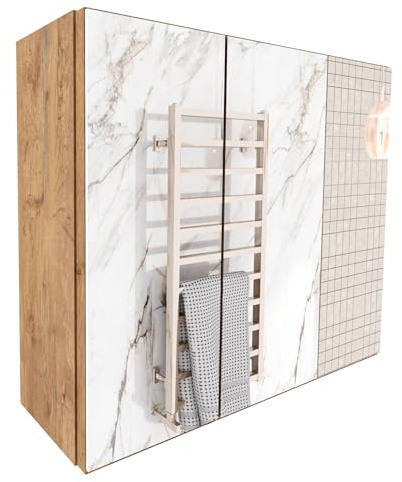 möbelkap Spiegelschrank Bad 60x50x17,8 cm Lancelot Eiche – Badezimmerschrank, Badschrank und Hängeschrank mit Spiegel, 3 Ablageflächen Stauraum, beidseitig montierbare Tür, Wandschrank zur Wandmontage