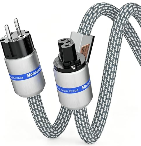 Monosaudio P902E6R HiFi High-End Netzkabel, audiophiles Stromkabel 1 m mit 5,5 qmm 4N OFC Kupfer, C15-Kaltgerätekabel mit Rhodinierter Schuko & IEC Stecker, für Verstärker/DAC/Subwoofer/AMP