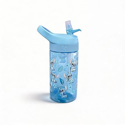 Disney Stitch Kids Drinks Bottle 450ml Water Bottle + Carry Loop | Spill-Proof Flip-Up Spout Reusable Travel Bottle for Kids, Blue