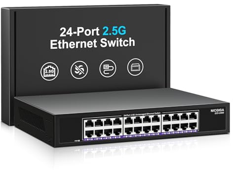 24 Port 2.5Gb Ethernet Switch Unmanaged, NICGIGA 24 Port 2.5G Network Switch, Plug & Play, Desktop or 19-inch Rack Mount, Fanless Metal Design.