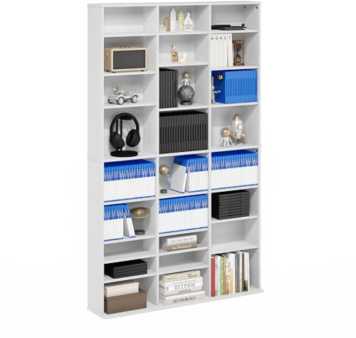 Furinno JAYA torre di archiviazione multimediale, torre CD DVD a 24 ripiani con ripiani regolabili, bianco puro