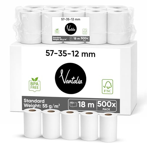 Ventalia – Pack de 500 Rouleaux CB/Rouleaux TPE 57x35x12 mm (18 m) – Papier Thermique Sans BPA – Compatibles Ingenico, Verifone, SumUp, PAX, Nexgo, myPOS – Impression Claire et Durable