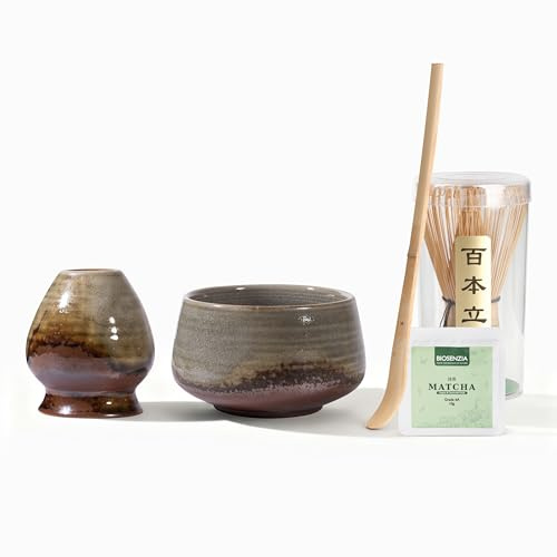 BIOSENZIA – Matcha Bowl Set 4 Pieces, Handmade Ceramic Japanese Tea Ceremony Kit with Chawan, Bamboo Whisk, Chasen Holder & 10g Premium Matcha Powder Gift - Dark Brown (Dark Brown, One Size)