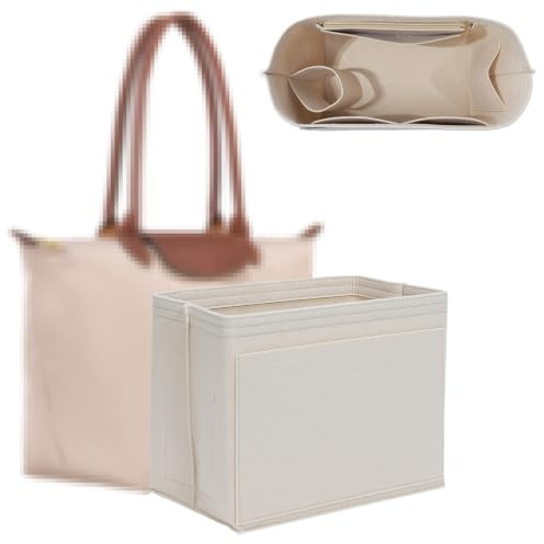 Hochwertiger Filz Taschen Organizer for Longchamp Tasche L, Extrem Leicht Long Champ L Handtaschen Organizer with Einschließlich Fach für Eine Trinkflasche und Reißverschlussfach,8 Taschen,Beige