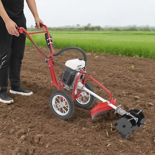 Motozappa a benzina 63 cc, 4 tempi, 4 CV, motozappa da giardino, coltivatore, fresa per terreno, con ruote, motozappa per la lavorazione del suolo, profondità di coltivazione di 10 cm, avviamento a