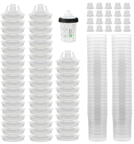 Set di tazze per pistola a spruzzo usa e getta, di verniciatura per kit spray LVLP, kit di miscelazione per auto, trasparente, riutilizzabile, 50 coperchi, 20 tappi di tenuta, 1 anello