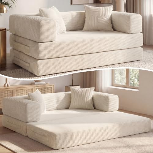 Vipbear Cordstoff Schlafsofa 160×90×70cm, 5-in-1 Umwandelbares Bodensofa aus Kord, Hochdichter Schaumstoff, Haustierfreundlich & Ergonomisch, Keine Montage, Weiß