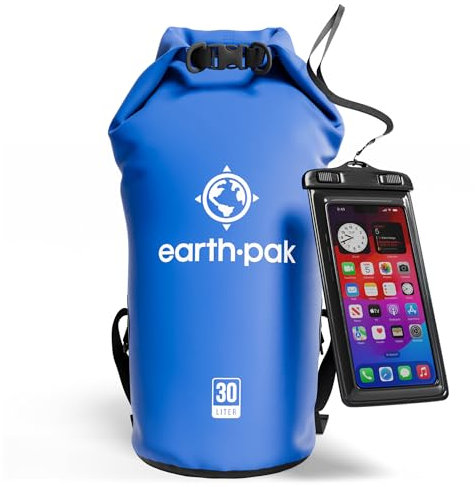 Earth Pak -Waterproof Dry Bag - Roll Top Dry Sack Keeps Gear Dry for Boating, Hiking, Camping and Fishing with Waterproof Phone Case (Blue, 30L)