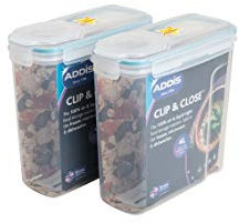 Addis Clip & Close Twin Pack 4 Litre Cereal Pasta Pet Food Container Lockable Lid, Clear, Clear & Blue
