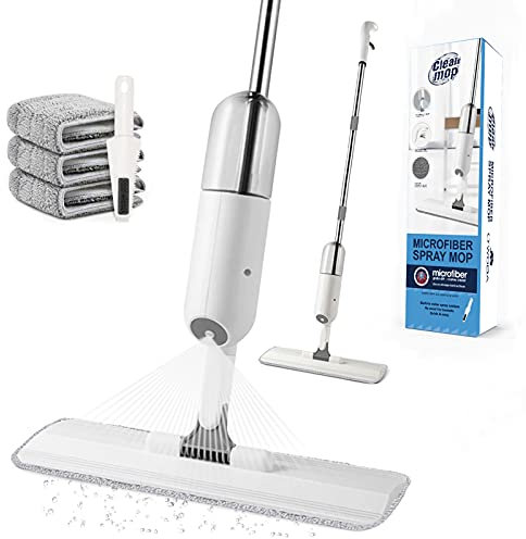 O'woda Mocio con Spruzzatore, Spray Mop con 3 Panno in Microfibra e Spazzola, Mop Piatto per Casa, Cucina, Legno Duro, Laminato, Laminato, Ceramica, Bianco