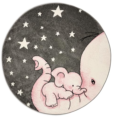 Bravich Kinderzimmerteppich, groß, rund, Rosa/Grau/Weiß, Baby-Elefant und Sterne, Pastellfarben, superweich, dick, antiallergisch, Kinderzimmer, 160 cm, Kreis