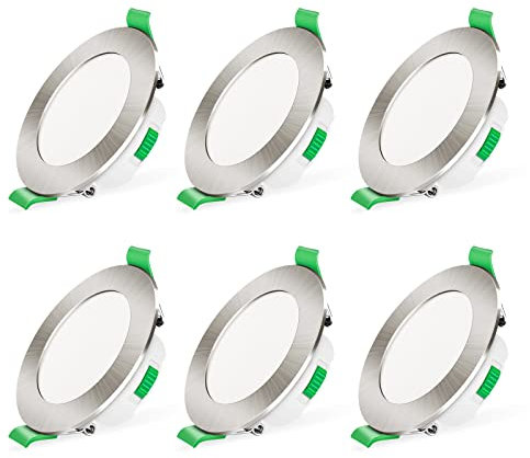 ALUSSO LED Downlights Dimmable 7W IP44 Slim Recessed Ceiling Lights, 3CCT 3000K Warm 4000K Neutral 6500K Cool Adjustable Bathroom Spotlights, Brushed Nickel, 6 Pack