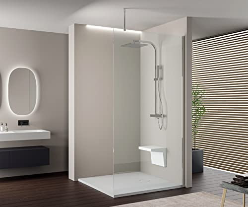 Duschabtrennung mit Nanobeschichtung, Walk-In EX103, Duschtrennwand 10 mm Super White Glas, Duschwand optional mit LED-Beleuchtung, 1400mm, Deckenbefestigung rund, Chrom hochglanz