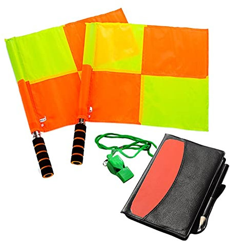 Schiedsrichter-Set, Fußball-Fahnen, Geldbörse, Notizbuch mit roter gelber Karte und Pfeife