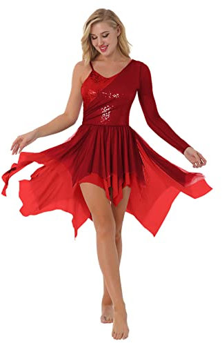 Runhomal Pailletten Tanzkleid für Damen Eiskunstlauf-Kleid Mesh Ärmel Ballettkleid Ballettanzug Glitzer Leotard mit Tutu Rock Turnanzug Tanzkleidung Burgundy S