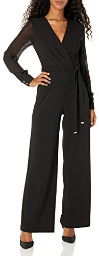 Tommy Hilfiger Damen-Jumpsuit aus Scuba-Krepp, gerades Bein, mit Überschuss-Ausschnitt und Krawatte, Schwarz, 2