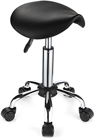 FNZIR Sattel Rollhocker mit Rädern PU Leder Höhenverstellbare Drehhocker Stuhl Schwarz
